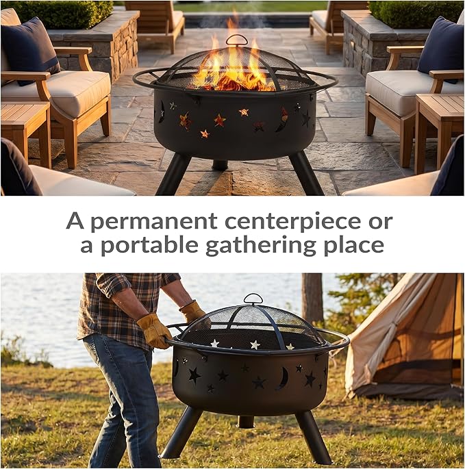 Sunnydaze Cosmic 30-Inch Outdoor Fire Pit with Grill Grate, Spark Screen, and Fireplace Poker - Round Steel Metal Wood-Burning Outside Firepit for Patio, Backyard, Porch, Deck - Bronze