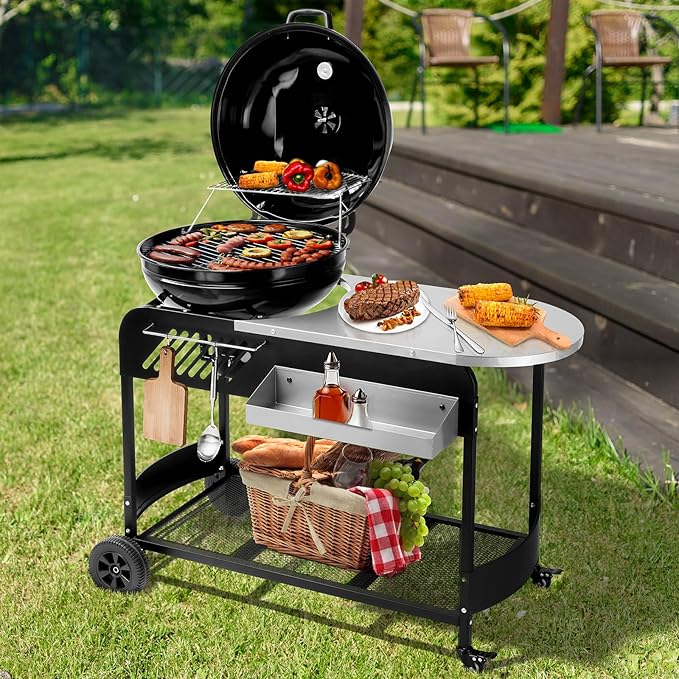 43" Portable Charcoal Grill with Cart 21" BBQ Grill with Porcelain-Enameled Lid, Slide-Out Ash Catcher and Thermometer for Backyard Camping Picnic and Tailgating Garden Party Easy-to-Clean