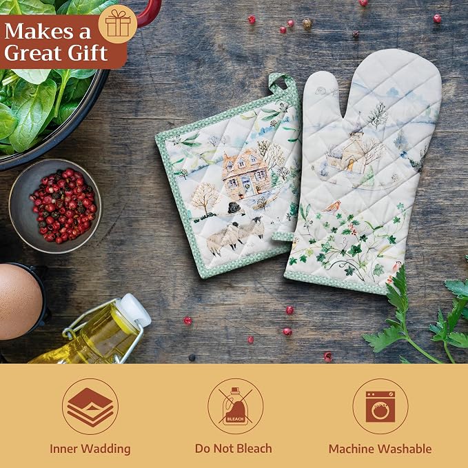 Maison d' Hermine 100% Cotton Oven Mitt & Pot Holder Set (7.5"x13" & 8"x8") | Heat Resistant BBQ Cooking Gloves with Loop Baking Grilling Kitchen Hotel Home Farmhouse Thanksgiving Christmas - Snowy World
