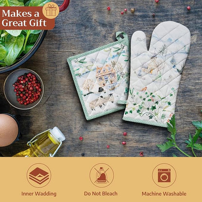 Maison d' Hermine 100% Cotton Oven Mitt & Pot Holder Set (7.5"x13" & 8"x8") | Heat Resistant BBQ Cooking Gloves with Loop Baking Grilling Kitchen Hotel Home Farmhouse Thanksgiving Christmas - Snowy World