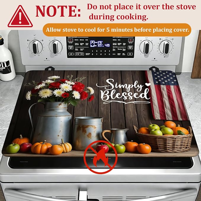 Electric Stove Top Cover,Farmhouse Flowers Stove Cover for Glass Top Electric Stove,American Flag Heat Resistant Flat Top Stove Mat Countertop Protector, 28 x 20 Inch