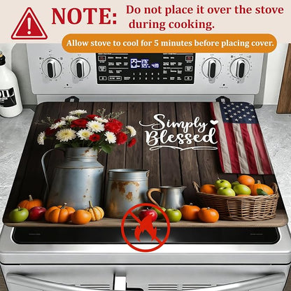 Electric Stove Top Cover,Farmhouse Flowers Stove Cover for Glass Top Electric Stove,American Flag Heat Resistant Flat Top Stove Mat Countertop Protector, 28 x 20 Inch