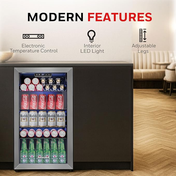 Honeywell Beverage Refrigerator and Cooler, 116 Can Mini Fridge with Glass Door for Soda Beer or Wine for Office or Bar with Adjustable Removable Shelving, Commercial Grade