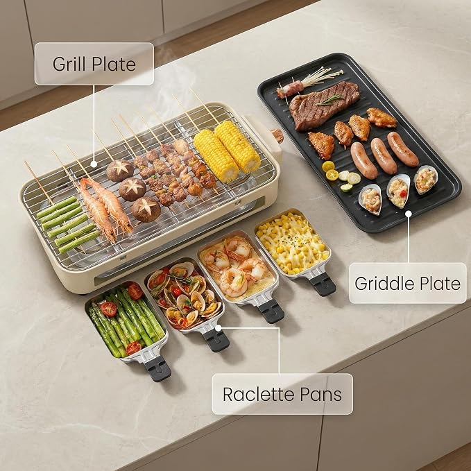 Electric Indoor Grill, 3 in 1 Smokeless Indoor Grills with Non-stick Removable Grill & Griddle Plate, Portable Korean BBQ Grills with 4 Cheese Pans, Adjustable Temperature Control, 1500W (Black)
