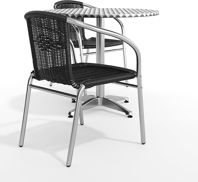 Flash Furniture Lila 31.5'' Round Aluminum Indoor-Outdoor Table Set with 2 Black Rattan Chairs | Indoor/Outdoor Use, Black Rattan Chairs