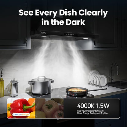 VIKIO HOME 30 Inch Wall Mount Range Hood 580CFM Convertible Touch Control | Ducted/Ductless, Stainless Steel Kitchen Vent Hood with 3-Speed Fan and LED Lights, Black