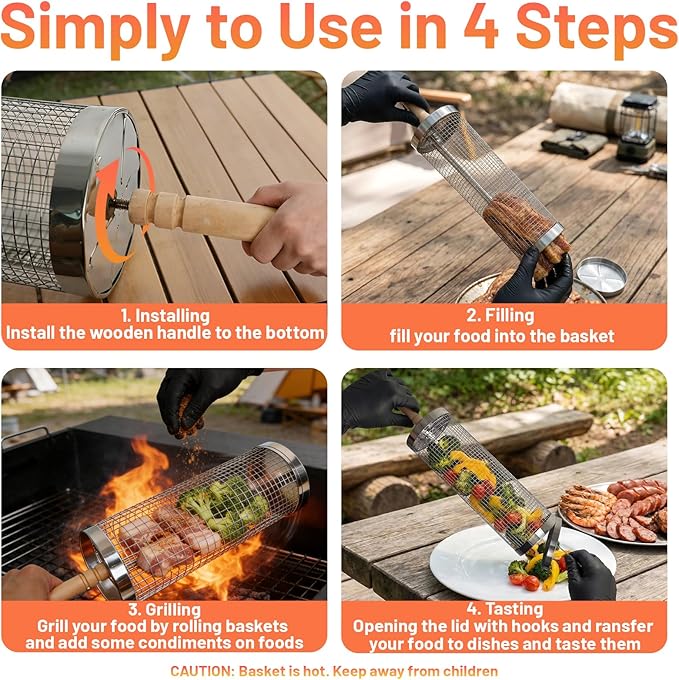 Rolling Grill Basket 2-Pack, Upgraded Rotating BBQ Basket for Outdoor Grill, Larger Capacity 304 Stainless Steel, Easy Clean with Cleaning Brush, Quick Grilling for Veggies, BBQ Accessories