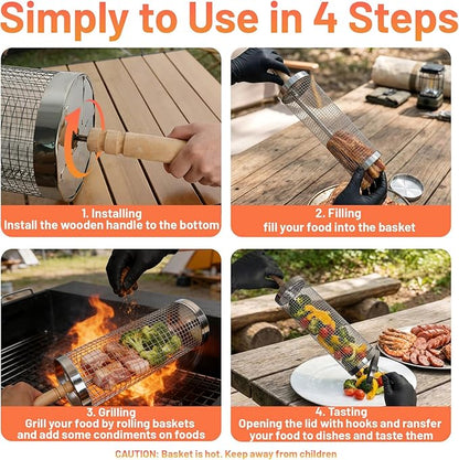 Rolling Grill Basket 2-Pack, Upgraded Rotating BBQ Basket for Outdoor Grill, Larger Capacity 304 Stainless Steel, Easy Clean with Cleaning Brush, Quick Grilling for Veggies, BBQ Accessories