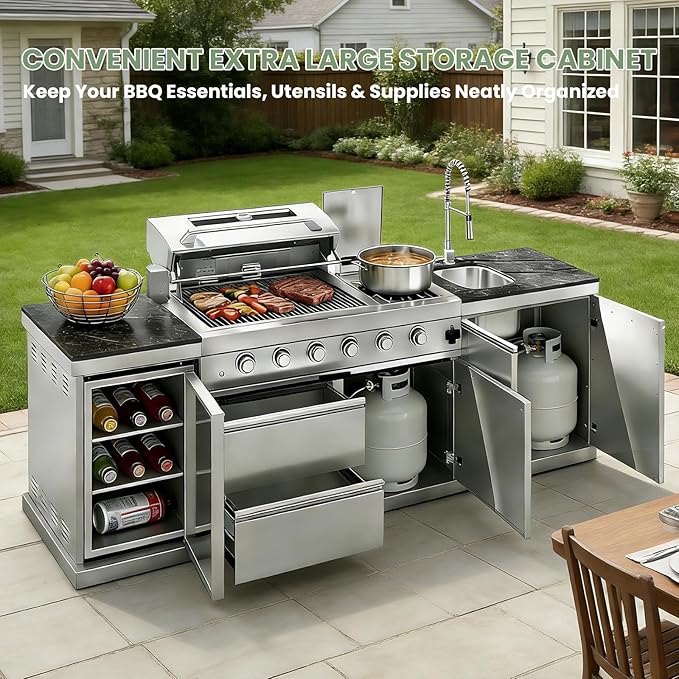 Outdoor Gas Grill Island with Refrigerator, 4 Burner 72,000 BTU BBQ Grill with Side Burner, Infrared Rotisserie, Granite Countertop, Stainless Steel Outdoor Kitchen (Silver+98in)
