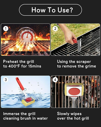 Grill Brush Bristle Free, Steam Grill Cleaning Brush with Scraper, One-Fit-All for All Grate Type, BBQ and Teppanyaki Accessories Cleaner for Outdoor, Two Replaceable Heads