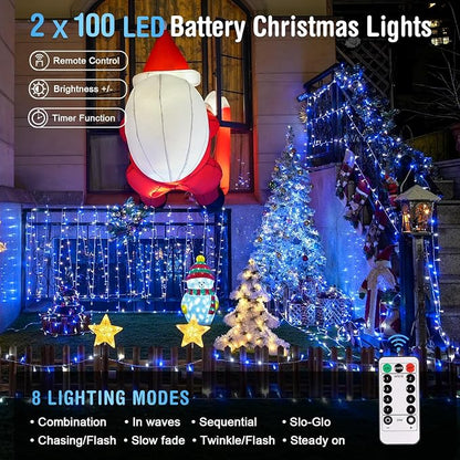 JMEXSUSS 2 Pack Blue and White Battery String Lights, Each 33ft 100 LED | Battery Powered Christmas Lights with Remote for Outside Party Birthday