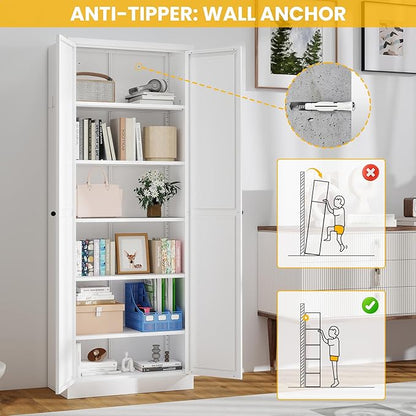 72" Metal Storage Cabinet, Large Capacity Pantry Cabinet with 6-Tier, Kitchen Storage Cabinet with 2 Doors and 5 Adjustable Shelves for Home, Kitchen, Dining, Living Room (White)