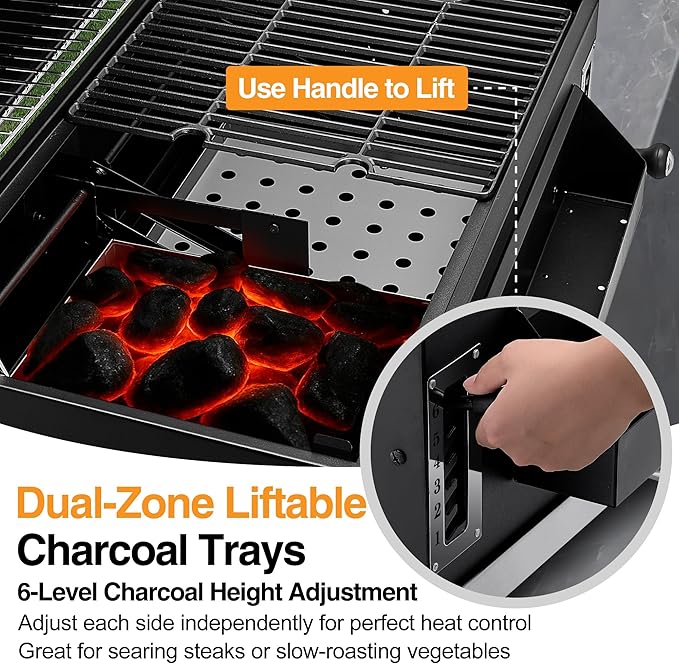 Built-in Charcoal Grill, Large BBQ Grills with Liftable Tray, Insulated Hood & Temp Gauge, Black Stainless Steel Barrel Grill for Outdoor Kitchen, Family BBQ Parties & Patio Use
