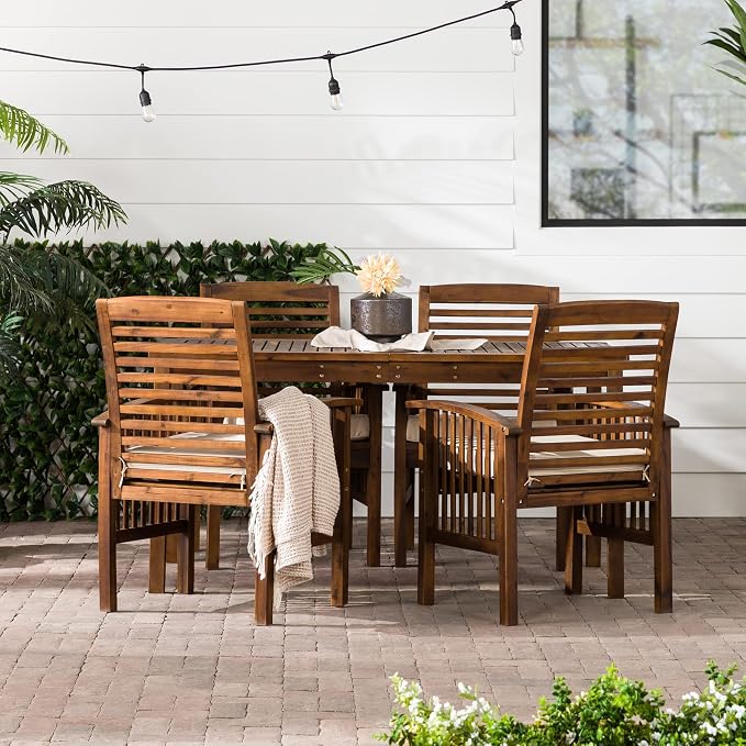 Walker Edison Rendezvous Modern 5 Piece Solid Acacia Wood Outdoor Dining Set, Set of 5, Dark Brown
