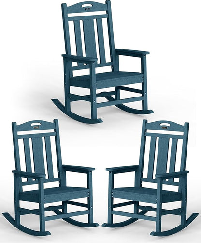 Ciokea Oversized Outdoor Rocking Chairs Set of 3, 380lbs Heavy-Duty Large Patio Rocker, High Back Cozy Porch Chairs, Weather Resistant Patio Rocking Chairs for Outside, Fire Pit, Deck, Slate Blue
