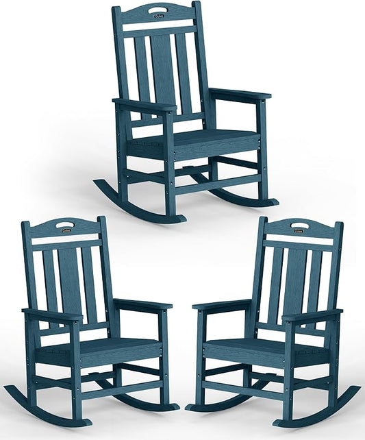 Ciokea Oversized Outdoor Rocking Chairs Set of 3, 380lbs Heavy-Duty Large Patio Rocker, High Back Cozy Porch Chairs, Weather Resistant Patio Rocking Chairs for Outside, Fire Pit, Deck, Slate Blue