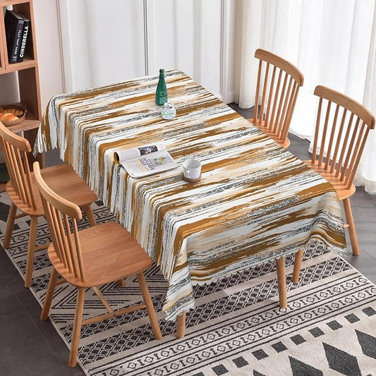Abstract Striped Rectangle Tablecloth 70x140 Inch Brown and White Old Texture Grunge Stripes Vintage Mosaic Dust-Proof Table Cover Protector for Home Kitchen Restaurant Picnic Camping BBQ