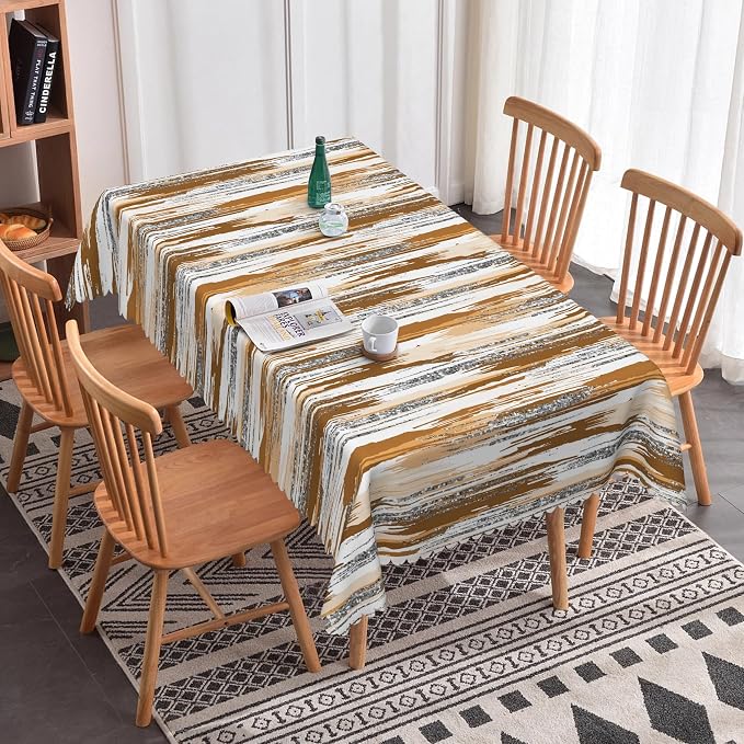 Abstract Striped Rectangle Tablecloth 60x120 Inch Brown and White Old Texture Grunge Stripes Vintage Mosaic Dust-Proof Table Cover Protector for Home Kitchen Restaurant Picnic Camping BBQ