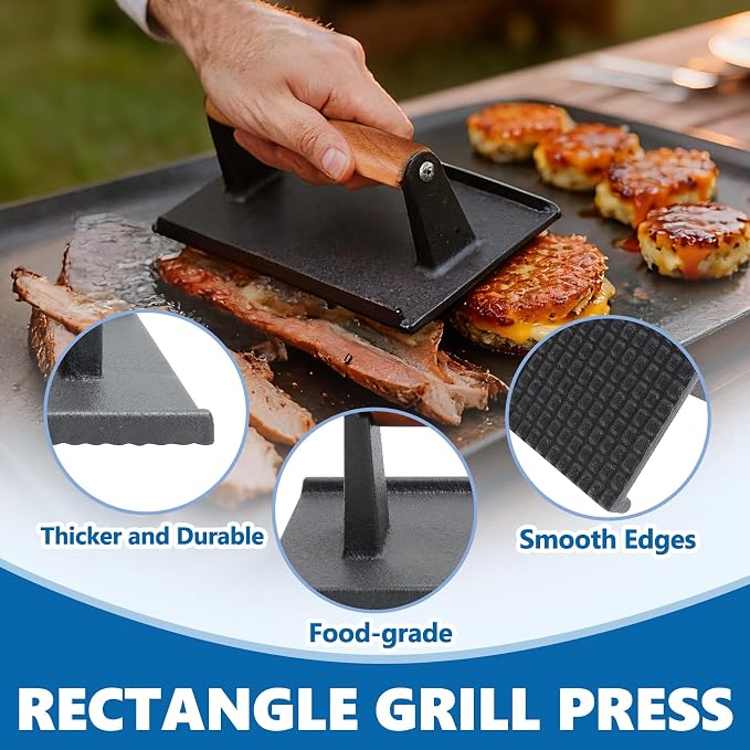 Cast Iron Square Burger Press&Rectangle Meat Press for Griddle Accessories | Bacon Press for Pitboss, Camp Chef Flat Top Grills Accessories, Smash Burger Press for Griddle Cooking Accessories, 2PCS
