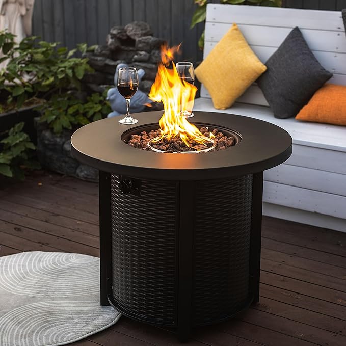 KEIKI 30 Inch Round Propane Fire Pit Table, Circular Outdoor Gas Firepit for Patio Balcony, 50000 BTU Steel Heater with Lava Rocks and Lid