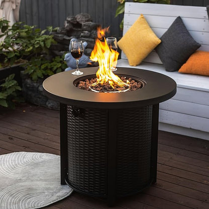 KEIKI 30 Inch Round Propane Fire Pit Table, Circular Outdoor Gas Firepit for Patio Balcony, 50000 BTU Steel Heater with Lava Rocks and Lid