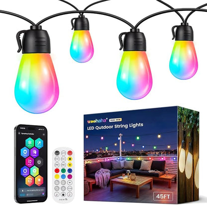 woohaha Smart Outdoor String Lights 45FT(37+8 Color Changing Patio Lights | 19 RGB+IC Shatterproof LED Bulbs,Multicolor&Warm White,Dimmable,Waterproof,APP&2.4G Remote,Custom Colors for Outside Decor