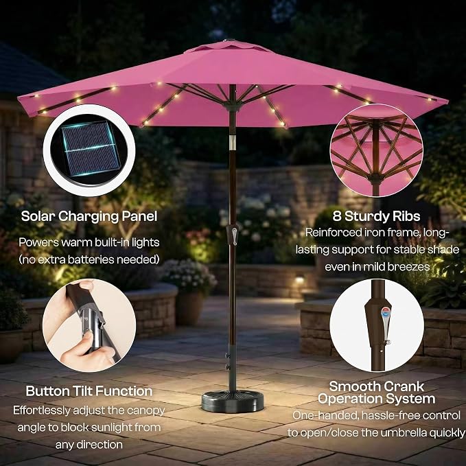 10FT Solar Lighted Patio Umbrella, Outdoor Table Market Umbrellas with Push Button Tilt and Crank, 32 LED Lights, 8 Sturdy Ribs, UV-Resistant for Deck, Garden, Pool