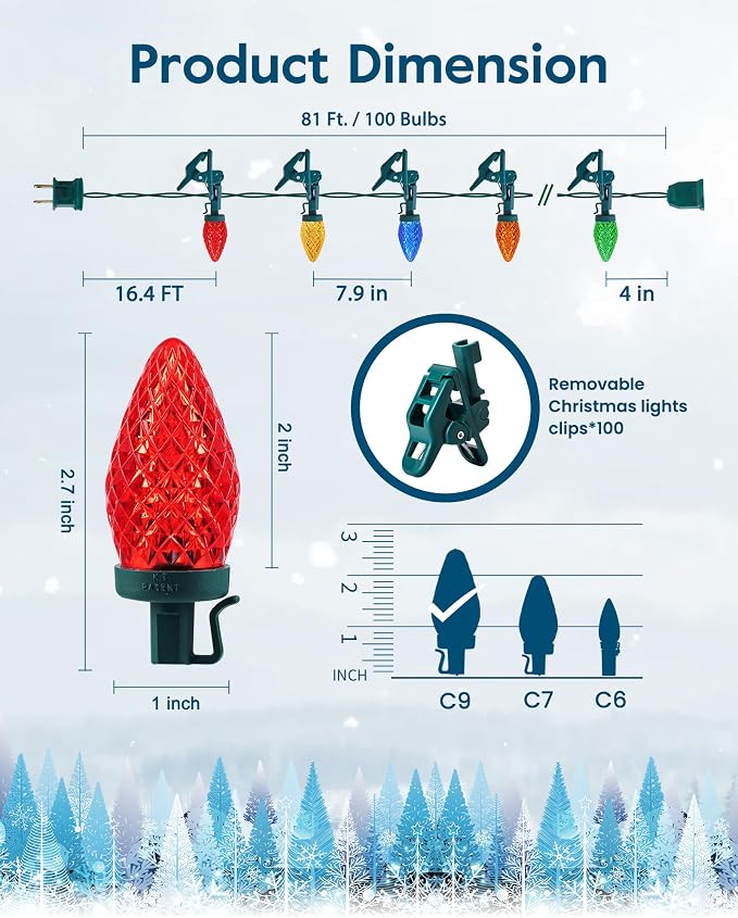 Minetom C9 LED Christmas Lights Outdoor, 81Ft 100 LED String Lights with Quick Clips, Extendable Waterproof Outdoor Christmas Decorations, Multicolor