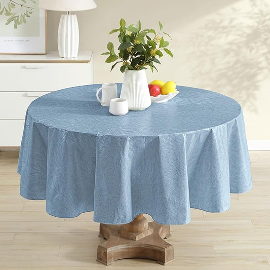 Newbridge Napa Leaf Blue Vinyl Flannel Backed Tablecloth, 70 Inch Round, Hotel Quality Waterproof Indoor Outdoor Table Cover for Kitchen, Patio, Dining, BBQ