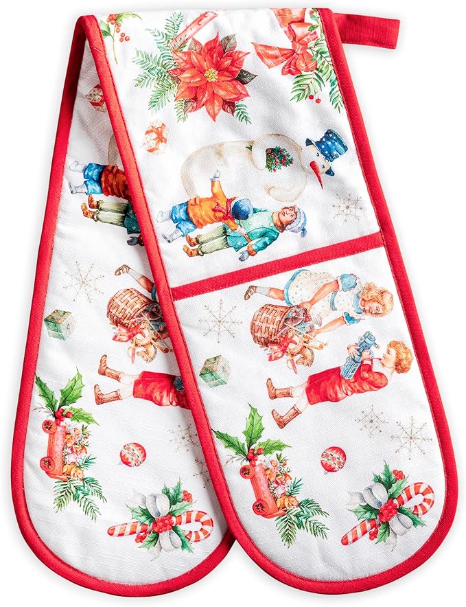 Maison d' Hermine Double Oven Mitts 100% Cotton Double Oven Glove (7"x35") | Heat Resistant BBQ Cooking Gloves with Loop Baking Kitchen Home Hotel Farmhouse Thanksgiving Christmas - Chromo