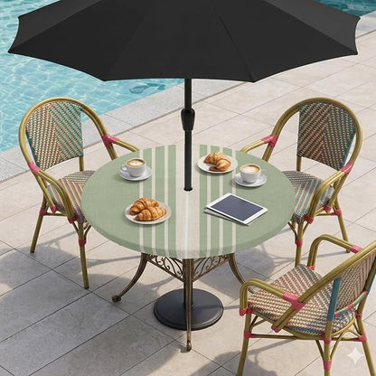 Outdoor Fitted Tablecloth with Umbrella Hole and Zipper, Sage Green Beige Striped Elastic Round Patio Table Cover, Farmhouse Retro Lines Modern Table Protector for Backyard BBQ Party 55''-60''