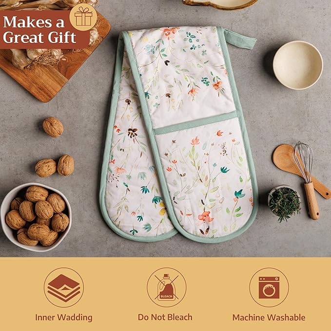 Maison d' Hermine Double Oven Mitts 100% Cotton 7"x35" Double Oven Mitt Heat Resistant BBQ Cooking Gloves with Loop Baking Grilling Kitchen Hotel Home Farmhouse Spring Summer (Colmar)
