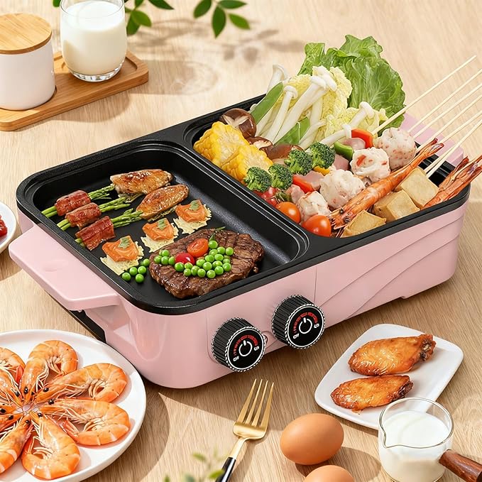 Hot Pot Electric with Grill, 2-in-1 Nonstick Korean BBQ Grill Indoor Smokeless Hotpot Pot Electric Cooker Sahabu Shabu Pot, Independent Dual Temperature Control