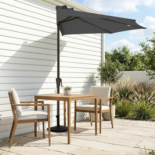 JEAREY 9ft Half Umbrella Outdoor Patio Umbrella Market Umbrellas with Crank, 1/2 Round Wall Umbrella 5 Sturdy Ribs UV Protection for Pool Garden Balcony Deck, Gray