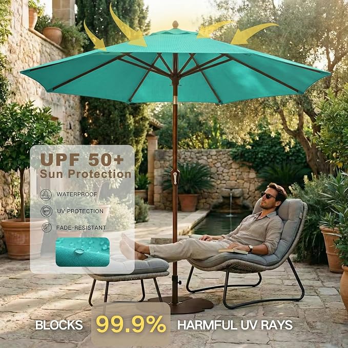 Kingdura 9FT Outdoor Patio Umbrella, Round Market Table Umbrella with Push‑Button Tilt and Crank Lift, 8 Sturdy Metal Ribs, UV50+ Protection Canopy for Backyard, Lawn, Deck, Poolside, Garden (Tiffany blue)