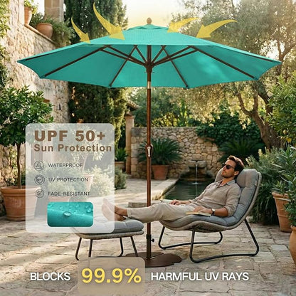 Kingdura 9FT Outdoor Patio Umbrella, Round Market Table Umbrella with Push‑Button Tilt and Crank Lift, 8 Sturdy Metal Ribs, UV50+ Protection Canopy for Backyard, Lawn, Deck, Poolside, Garden (Tiffany blue)