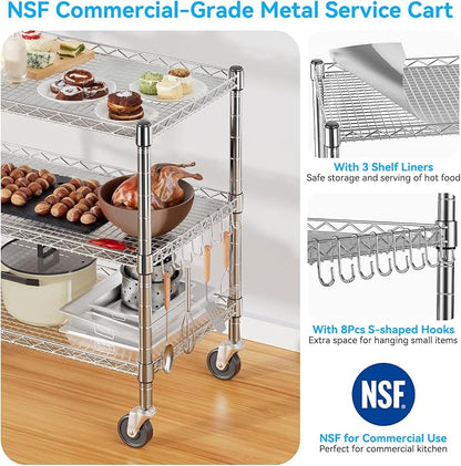 YNN Heavy Duty 3 Tier Utility Rolling Kitchen Cart on Wheels 990LB Capacity | Metal Utility Cart with Wheels Serving Cart Commercial Grade Carts with Wire Shelving & Handle Bar for Kitchen Office School