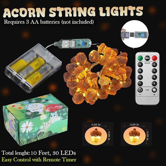Forest Décor Fall Acorn Light Thanksgiving Decorative Fairy Lights Fall Garland Decor USB Plug in or Battery Operated String Lights Autumn Holiday 30LED 10ft Christmas Doorway Table Decor