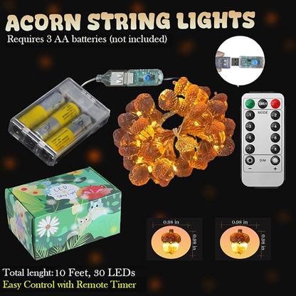 Forest Décor Fall Acorn Light Thanksgiving Decorative Fairy Lights Fall Garland Decor USB Plug in or Battery Operated String Lights Autumn Holiday 30LED 10ft Christmas Doorway Table Decor