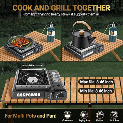 Propane or Butane Stove with Windblocker, Dual Fuel 10,000 BTU Portable Gas stove for Camping, Automatic Ignition Gas Stove with Adapter Hose Carrying Case & Griddle for Hiking (Fuel Not Included)
