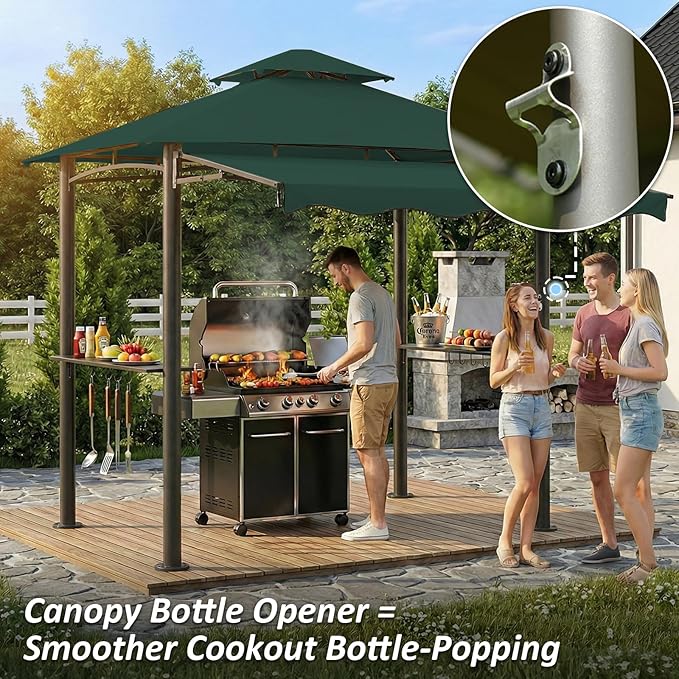 CHARMELEON 8x8 FT Grill Gazebo, Grill Canopy with Big Awning&2 Side Shelves&6 Hooks&Bottle Opener, Powder-Coated Steel BBQ Shelter for Patio Backyard Outdoor Grilling-Green