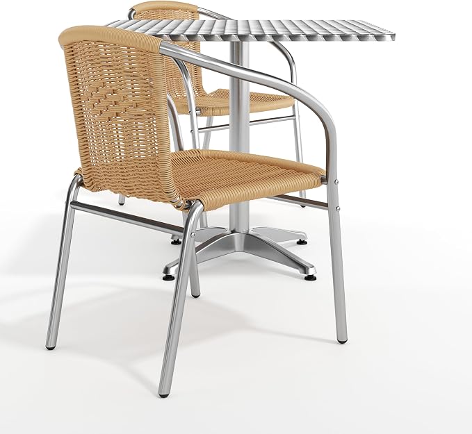 Flash Furniture Lila 31.5'' Square Aluminum Indoor-Outdoor Table Set with 2 Beige Rattan Chairs | Indoor/Outdoor Use, Beige Rattan Chairs