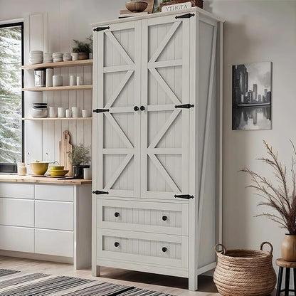 DWVO 64.5" Pantry Cabinet with Barn Doors, 2 Drawers & Shelves, Off White | Farmhouse Storage Cupboard for Dining Room, Living Room, and Bathroom