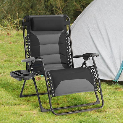 Zero Gravity Chair Oversized Padded Recliner with Adjustable Headrest & Cup Holder - XL 600D Oxford Folding Lounge Chair for Outdoor Camping, Patio, Poolside (Upgraded Black & Gray)