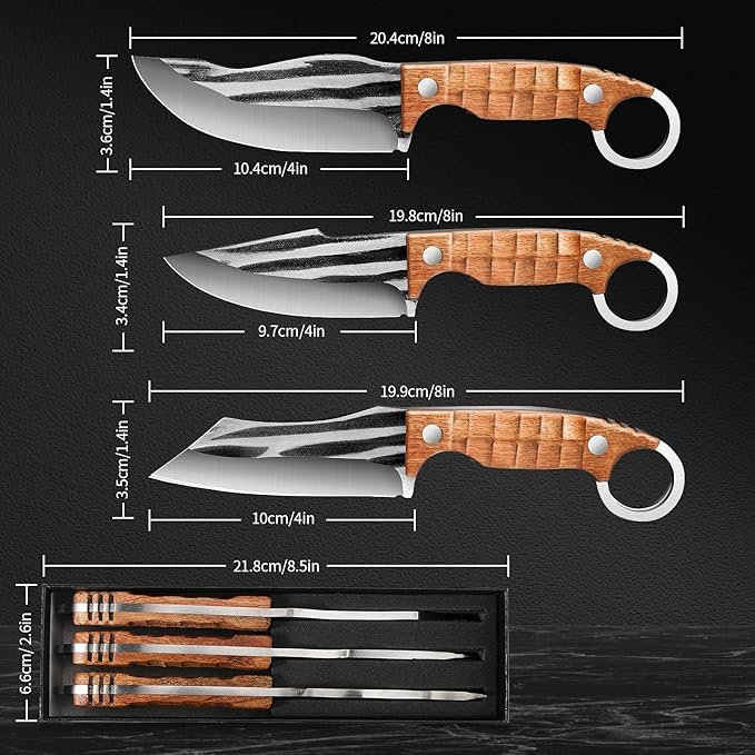 Plys 3-Piece Fixed Blade Knife Set, Full Tang Survival Knives for Bushcraft, Ergonomic Rosewood Handle, Outdoor Camping Hiking Fishing Hunting Bushcraft Survival Knives with Gift Box for Men
