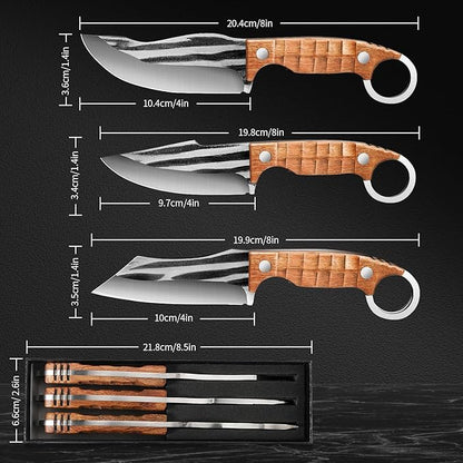 Plys 3-Piece Fixed Blade Knife Set, Full Tang Survival Knives for Bushcraft, Ergonomic Rosewood Handle, Outdoor Camping Hiking Fishing Hunting Bushcraft Survival Knives with Gift Box for Men