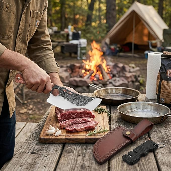 KOFERY Hand Forged Serbian Cleaver Knife with Full Tang 4Cr13 High Carbon Steel, Viking Butcher Knife for Meat Chopping, Outdoor Camp Cooking & BBQ with Leather Sheath & Sharpener