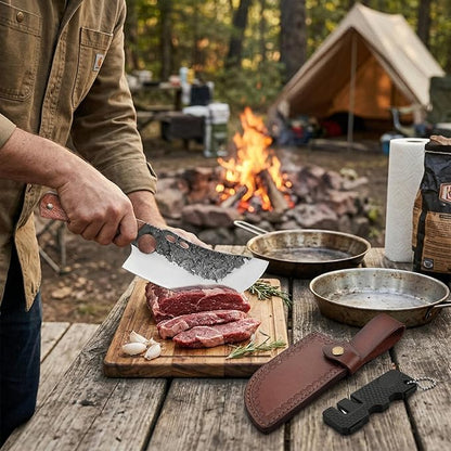 KOFERY Hand Forged Serbian Cleaver Knife with Full Tang 4Cr13 High Carbon Steel, Viking Butcher Knife for Meat Chopping, Outdoor Camp Cooking & BBQ with Leather Sheath & Sharpener