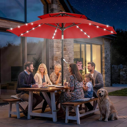AreShark 9ft 2 Tiers Patio Umbrella with Solar Lights, Outdoor Umbrella w/ 32 LED Lights&8 Sturdy Ribs, Table Umbrella for Deck, Backyard, Pool(Red)