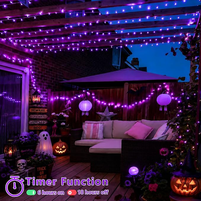YEGUO 66ft 200 LED Halloween Lights Outdoor Waterproof, Purple String Lights Indoor Plug in, 8 Modes Clear Wire Purple Lights for Halloween Holiday Home Tree Garden Patio Decor